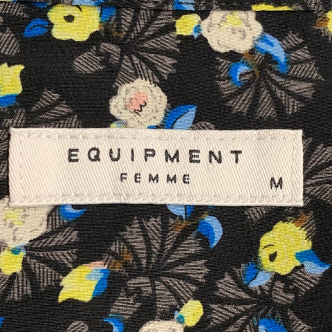 EQUIPMENT Size M Black Multi Color Silk Floral Stripe Two Pockets Shirt