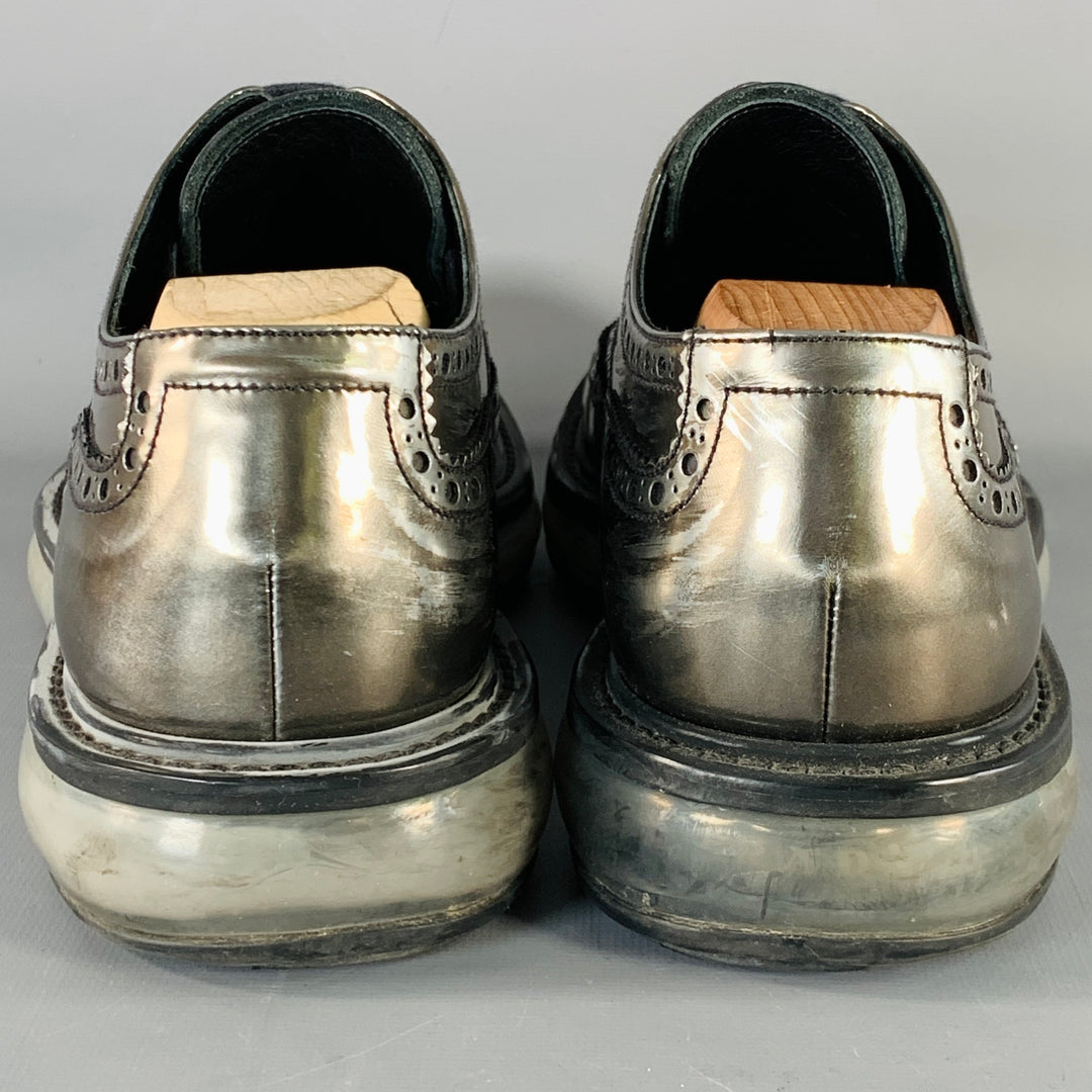 PRADA Size 9 Silver Metallic Perforated Leather Wingtip Lace-Up Shoes