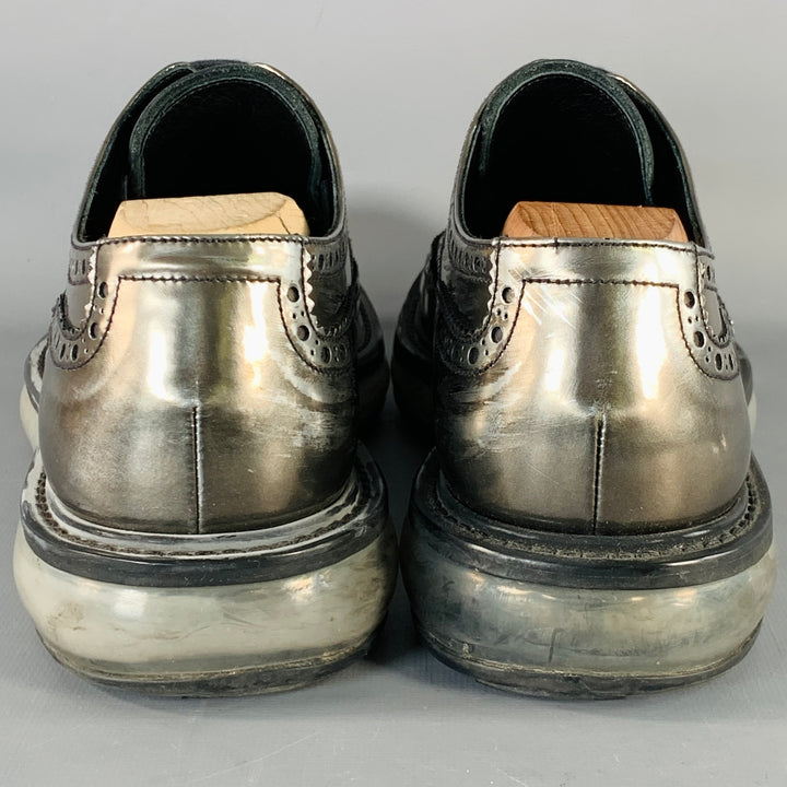 PRADA Size 9 Silver Metallic Perforated Leather Wingtip Lace-Up Shoes