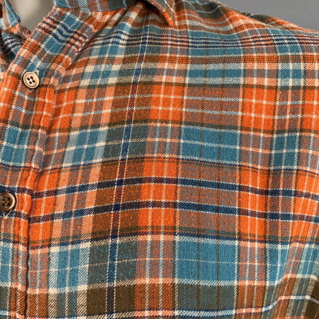 45rpm Size XL Blue Orange Plaid Cotton Curved Cutaway Flannel Long Sleeve Shirt