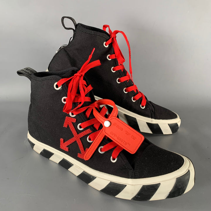 OFF-WHITE Size 13 Black Red Logo Canvas High Top Sneakers