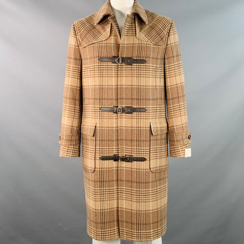 ELEVENTY Size 42 Tan Brown Glenplaid Wool Cashmere Leather Trim Toggle Coat