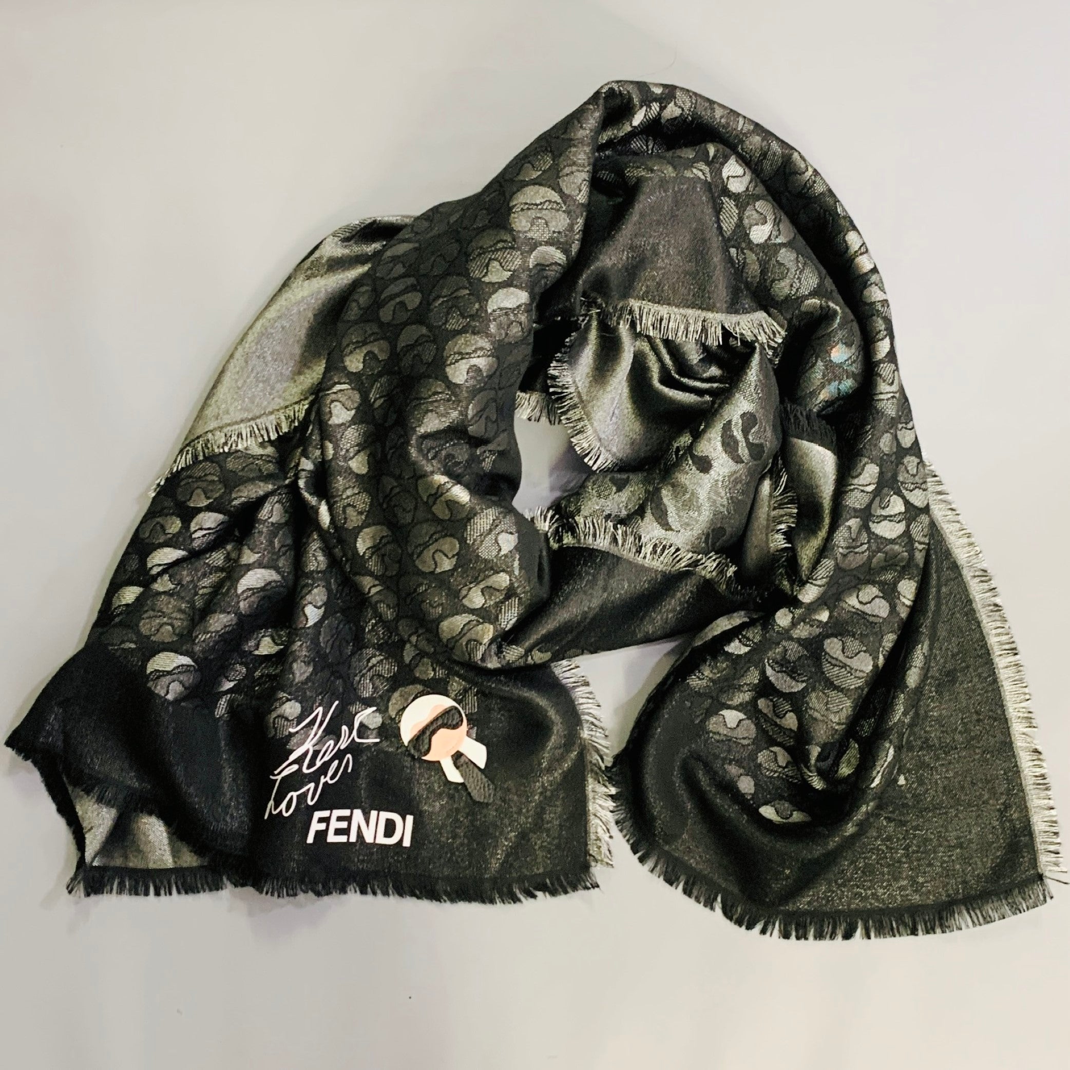 FENDI x KARL LAGERFELD Karl Lover Silver Black Silk Wool Scarf