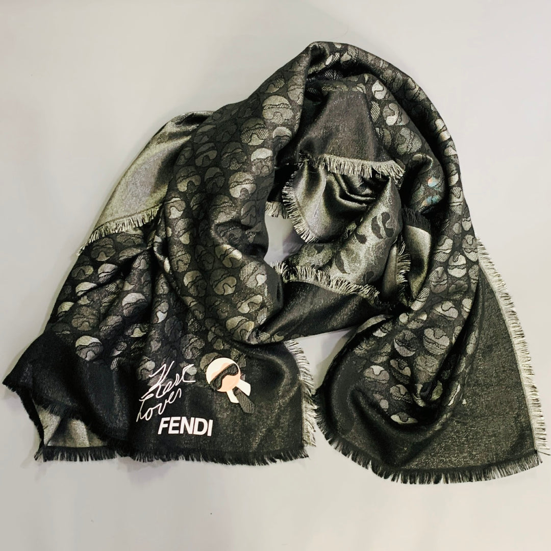 FENDI x KARL LAGERFELD Karl Lover Silver Black Silk Wool Scarf Shawl