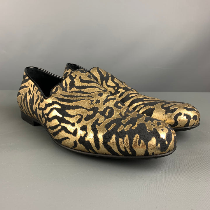 JIMMY CHOO Size 9 Black Gold Animal Print Jacquard Slip On Loafers