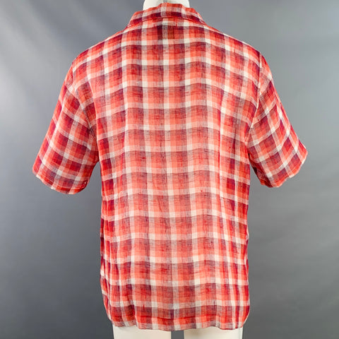 OUR LEGACY Size M Red White Plaid Linen One Pocket Short Sleeve Shirt