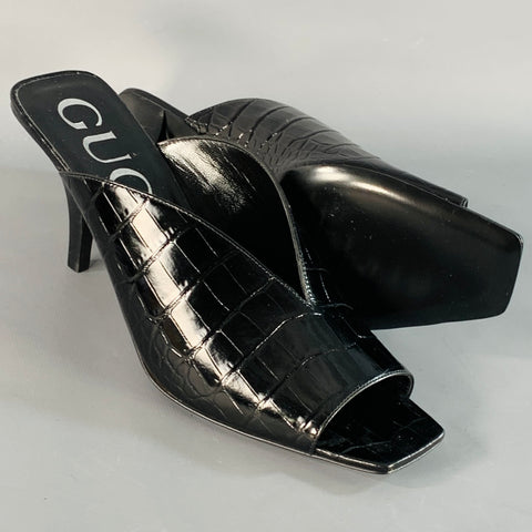 GUCCI Size 9.5 Black Croc Embossed Leather Mules Pumps