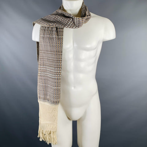 VINTAGE Cream Navy Mixed Fabrics Crochet Scarf