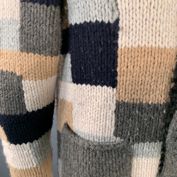 BARENA Size XL Grey Tan Brown Patchwork Virgin Wool Shawl Collar Cardigan