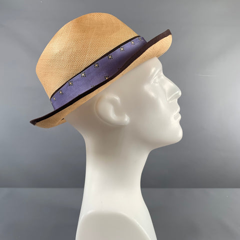 VINTAGE Size 7 3/8 Beige Purple Woven Silk Straw Hats