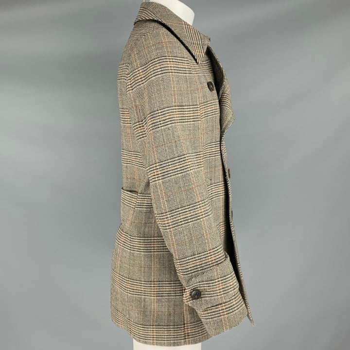 GUCCI Size 40 Tan Black Beige Plaid Wool Double Breasted Coat