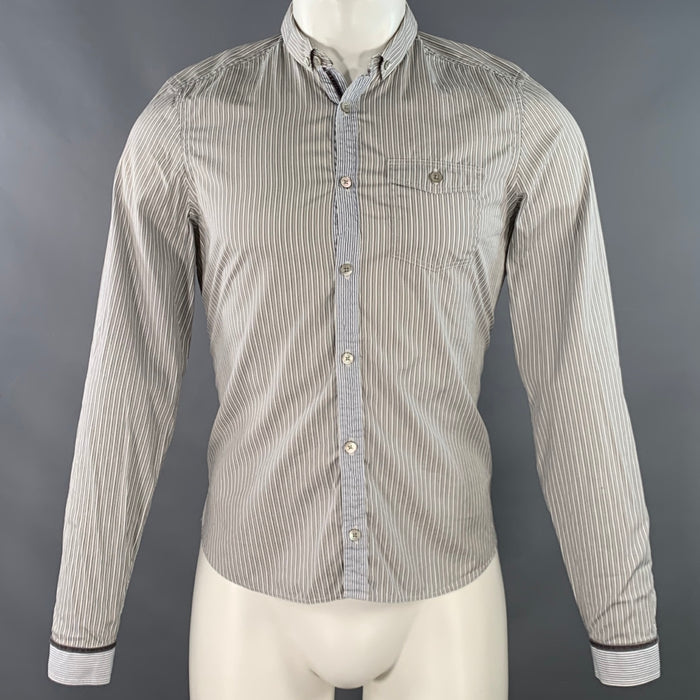 BURBERRY PRORSUM Size S White Grey Stripe Cotton One Pocket Long Sleeve Shirt