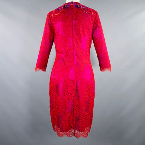 MATTHEW WILLIAMSON Size M Red Fuchsia Nylon Embroidered 3/4 Sleeves Dress