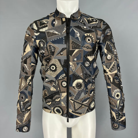 FENDI Spring 2016 Size 34 Grey Blue Lamb Deer Leather Snakeskin Studded Allover Monster Jacket