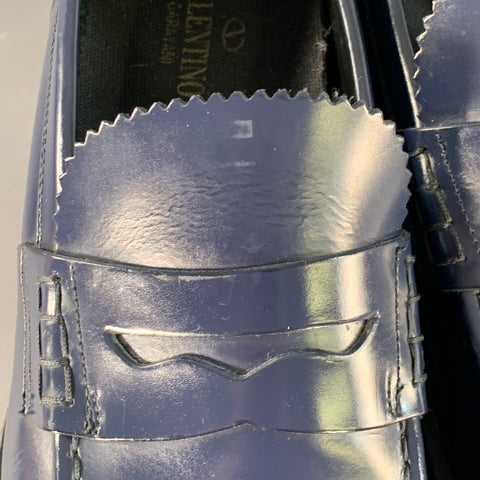 VALENTINO Mocassins penny à enfiler en cuir marine avec semelle crantée, taille 9