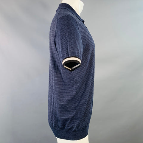 LANVIN Size M Navy Black Stripe Wool Blend One Pocket Polo