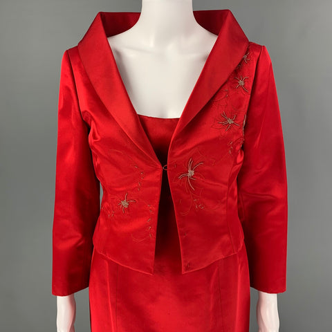RICHARD TYLER Couture Taille 8 Ensemble 2 pièces en rayonne de soie rouge perlée jusqu'aux genoux