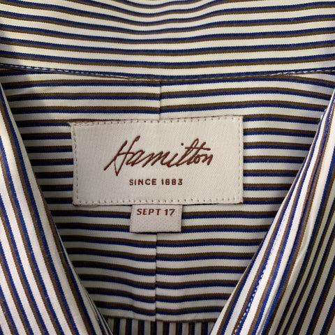 HAMILTON Size S Off White Blue & Brown Stripe Cotton Long Sleeve Shirt