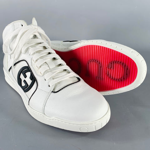 GUCCI Size 10 White Green Black Color Block Leather High Top Sneakers