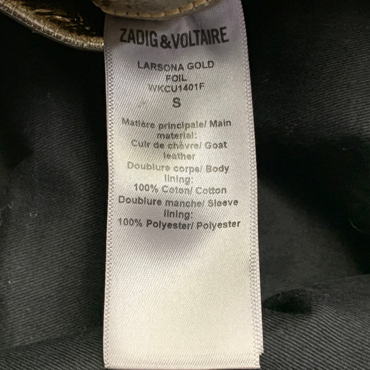 ZADIG & VOLTAIRE Size S Larsona Foil Gold Black Leather Metallic Zip Up Bomber Jacket