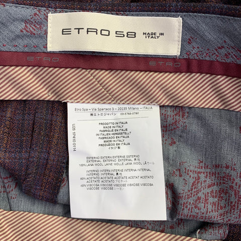 ETRO Size 48 Burgundy Black Gold Plaid Wool Notch Lapel Suit