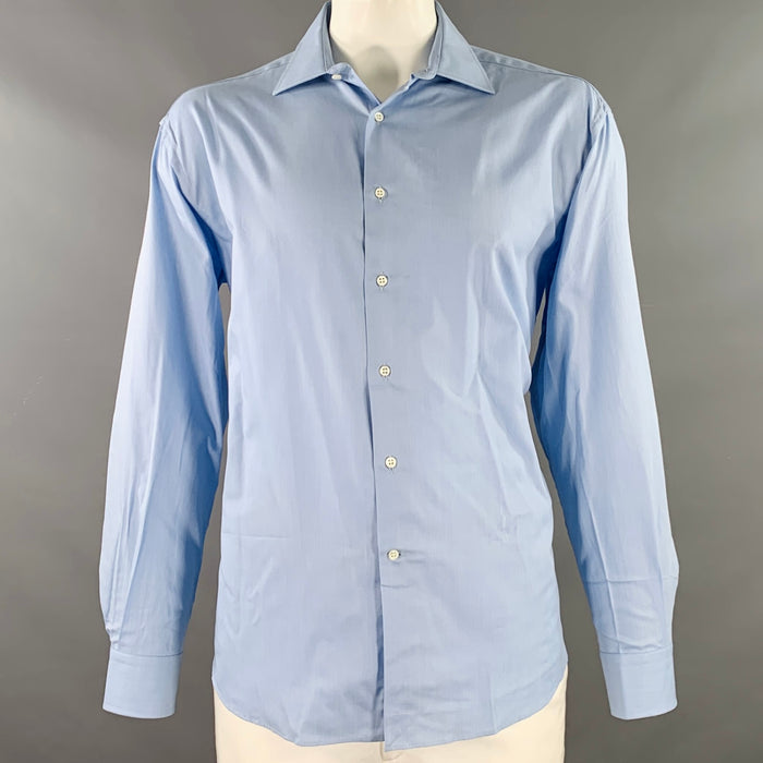 ERMENEGILDO ZEGNA Size L Blue Cotton Spread Collar Long Sleeve Shirt