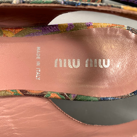 MIU MIU Size 8.5 Green Multi-Color Jacquard Slingback Sandals