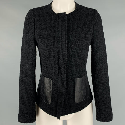 VINCE Talla 6 Chaqueta con cremallera de piel sintética de mezcla de lana negra