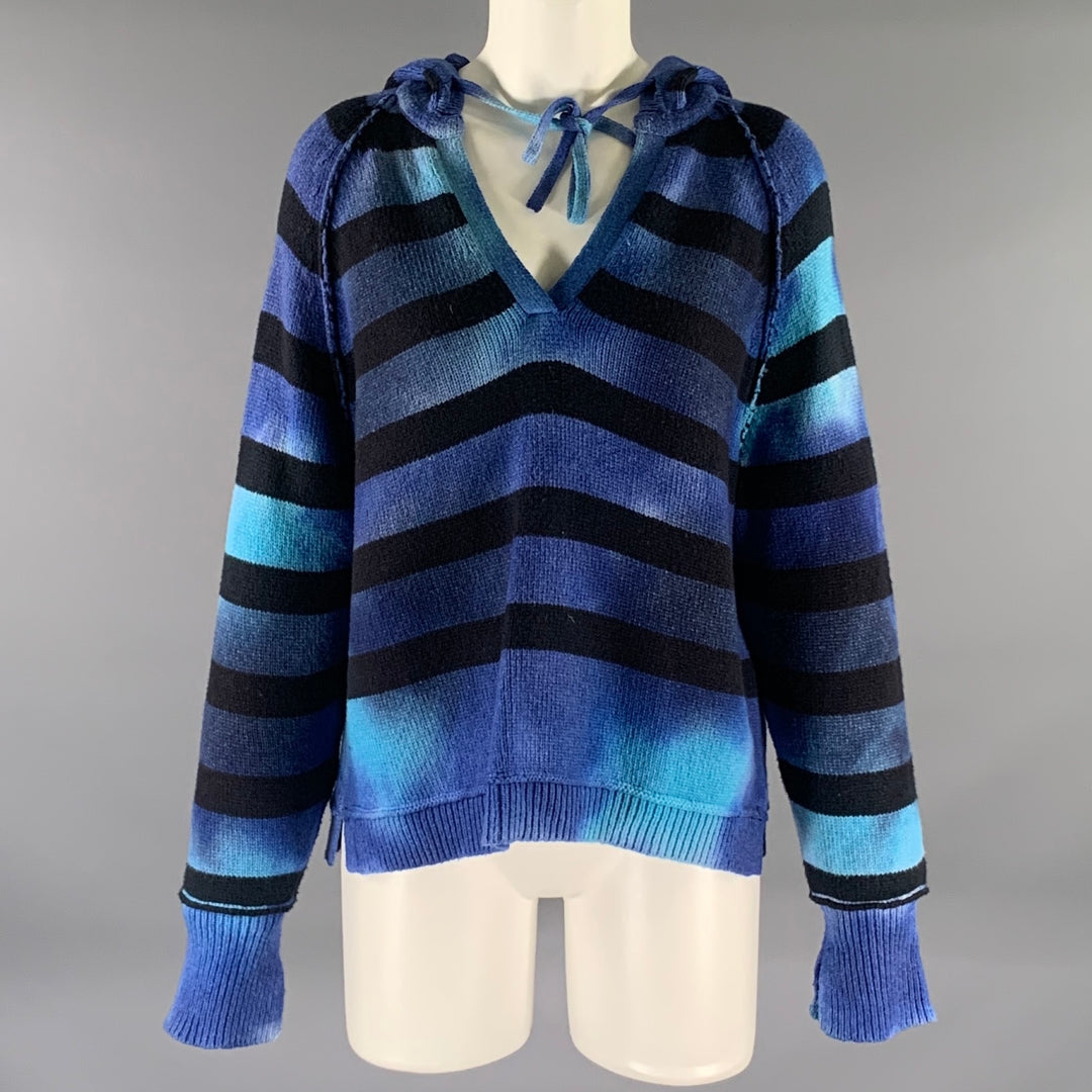 RAQUEL ALLEGRA Size S Blue Black Wool Blend Stripe Hooded Pullover