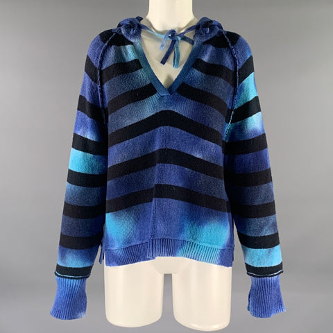 RAQUEL ALLEGRA Size S Blue Black Wool Blend Stripe Hooded Pullover