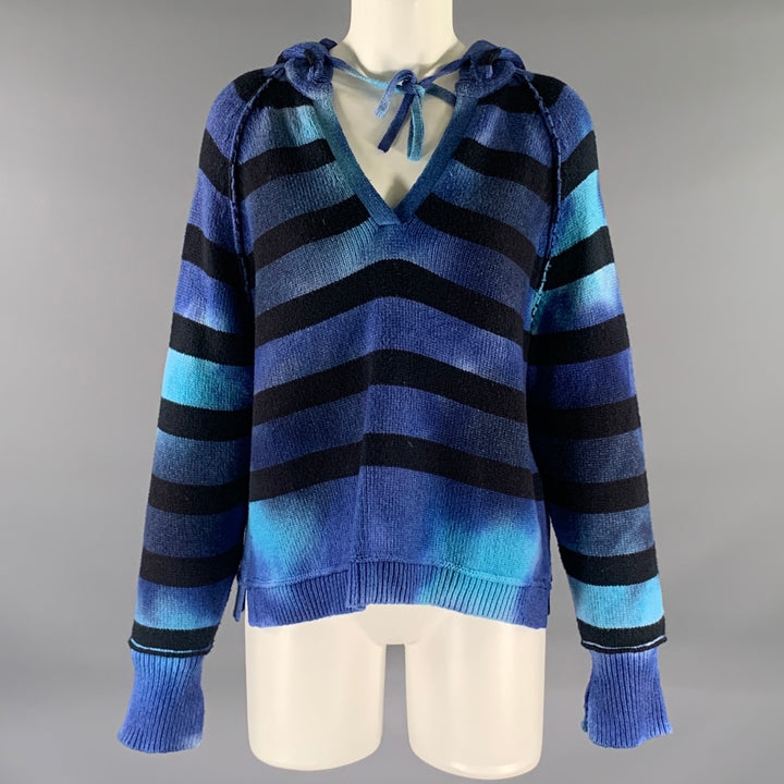 RAQUEL ALLEGRA Size S Blue Black Wool Blend Stripe Hooded Pullover