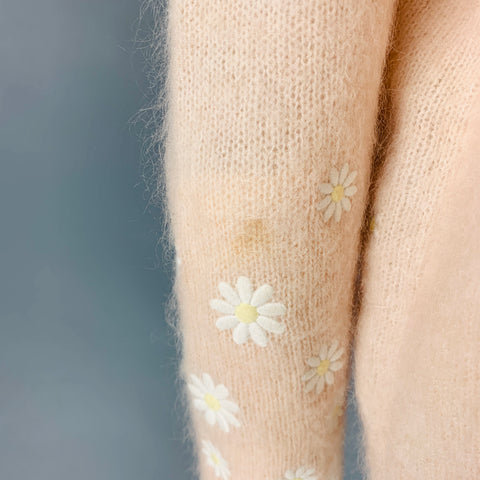 LA MAILLE SEZANE Taille S Pull Brodé Mohair Mélangé Blanc Rose