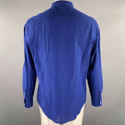 ERMENEGILDO ZEGNA Size XL Blue Seersucker Linen Blend Long Sleeve Shirt