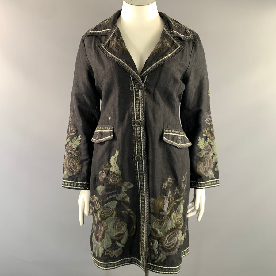 DB SPORT Size XL Black Grey Silk Blend Floral Single breasted Coat