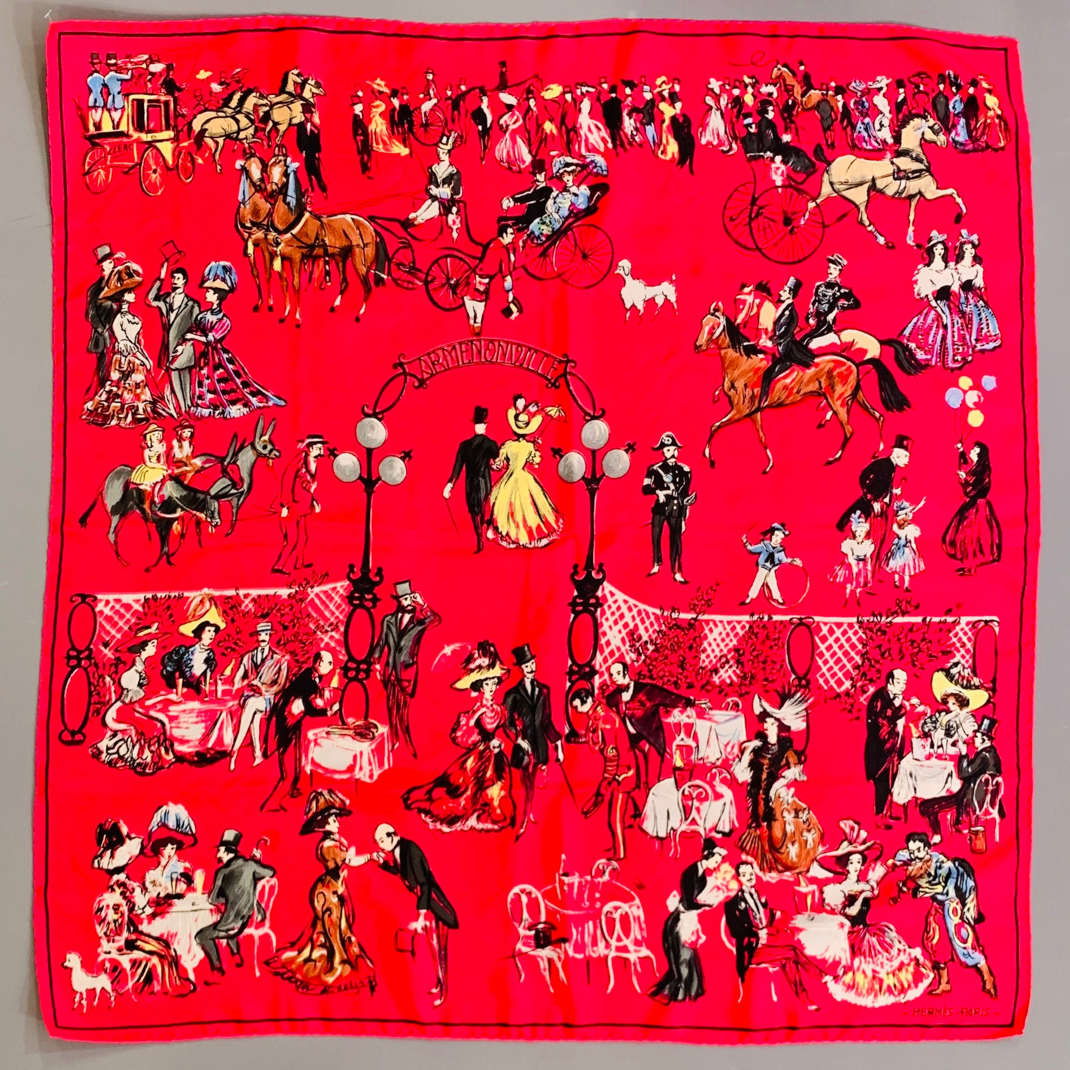 HERMES 1961 Jean-Louis Clerc -Armenonville- Red Black Figures Silk