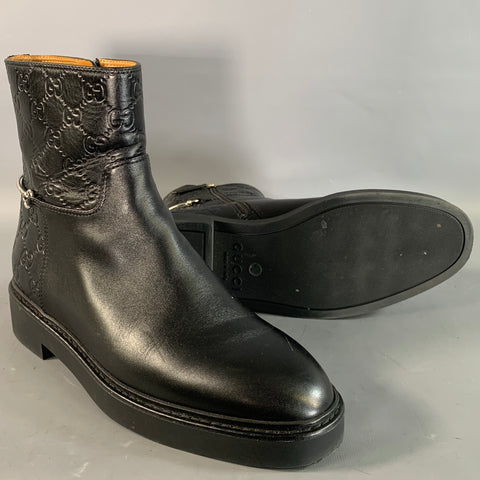 GUCCI Size 9.5 Black Leather 811377 Monogram Round Toe Boots