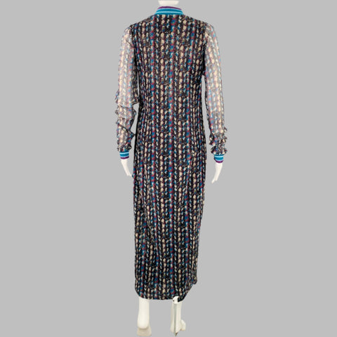 ANNA SUI Size S Black Blue Purple Polyester Abstract Long Sleeve Long Dress