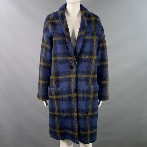 BAND OF OUTSIDERS Size S Blue Tan Wool Blend Plaid Rabbit Fur Collar Coat