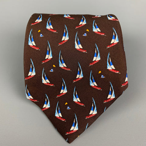 ETRO Brown Print Sailboat Print Silk Tie