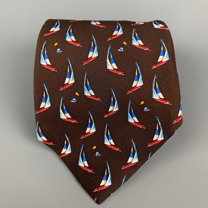 ETRO Brown Print Sailboat Print Silk Tie