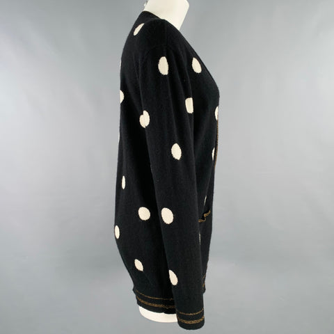 LE SUPERBE Size S Black White Wool Cashmere Polka Dot V-Neck Cardigan