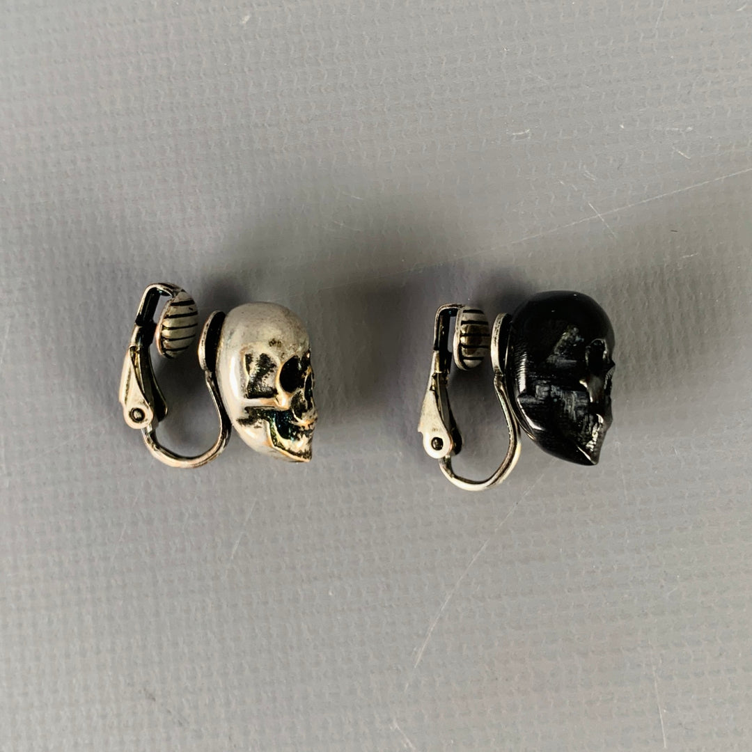 SAINT LAURENT Silver Black Skull Metal Clip On Earrings