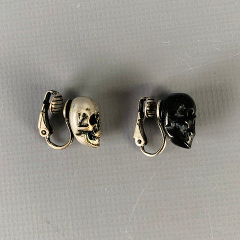 SAINT LAURENT Silver Black Skull Metal Clip On Earrings