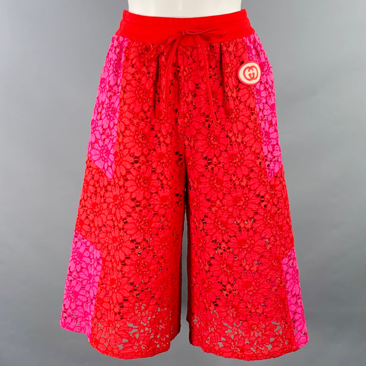 GUCCI Size XS Red Pink Viscose Floral Lace Drawstring Shorts