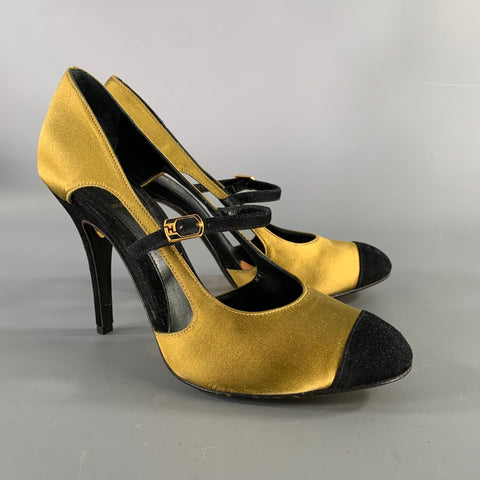 FENDI Size 7.5 Gold Black Satin Mary Jane Pumps