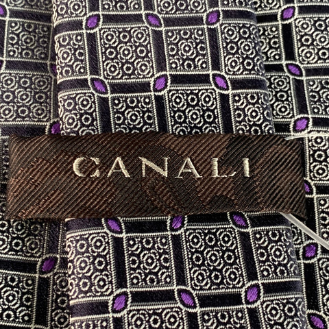 CANALI One Size Black Purple Checkered Jacquard Silk Tie