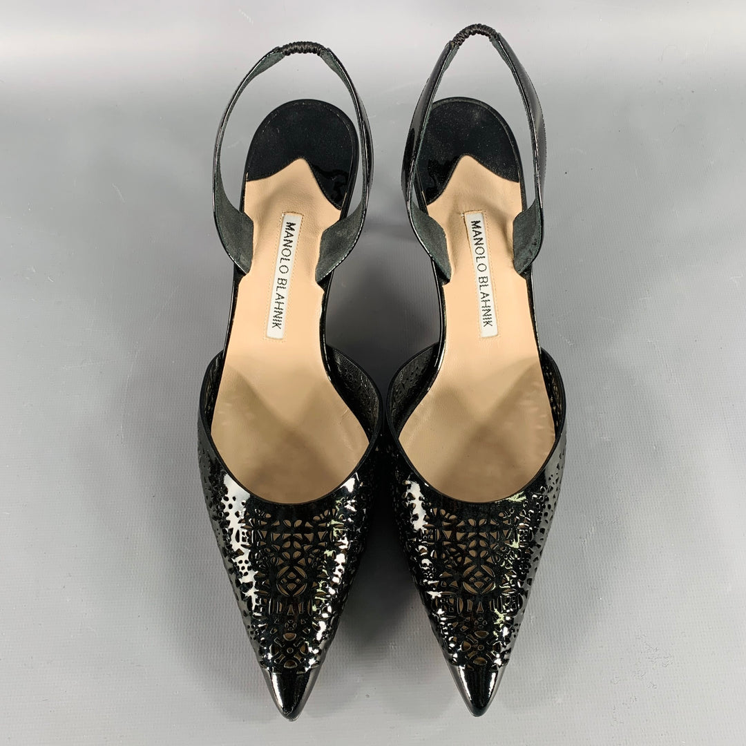 MANOLO BLAHNIK Size 11 Black Perforated Patent Leather Slingback Pumps