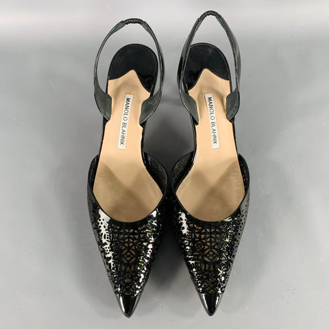 MANOLO BLAHNIK Size 11 Black Perforated Patent Leather Slingback Pumps