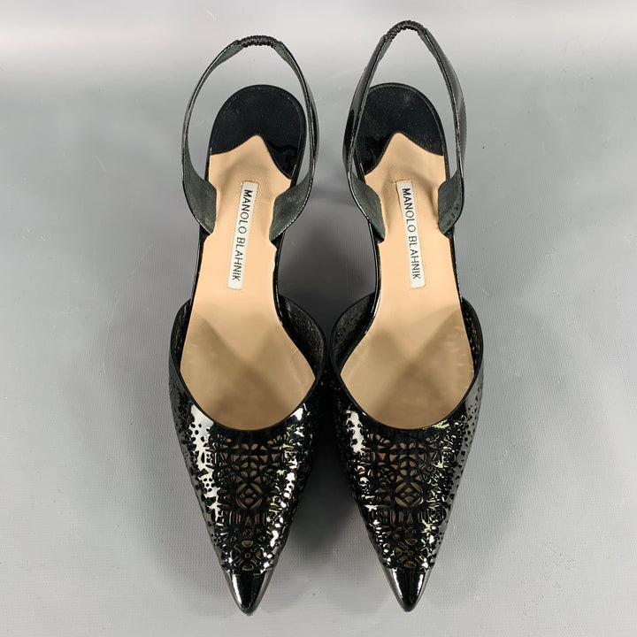 MANOLO BLAHNIK Size 11 Black Perforated Patent Leather Slingback Pumps