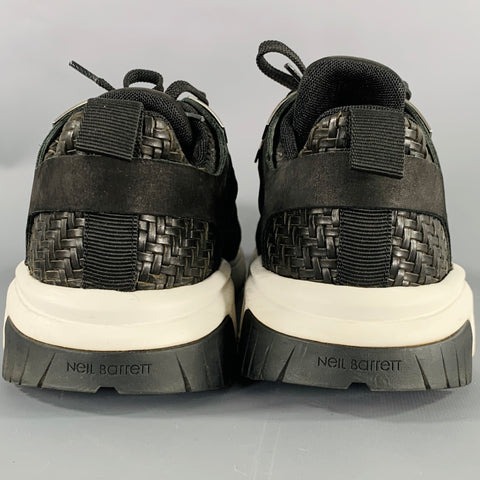 NEIL BARRETT Size 10.5 Black Silver Woven Leather Sneakers